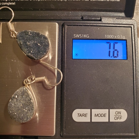 Modern Teardrop Silver and Black Druzy Quartz Earrings 925 - Picture 5 of 7